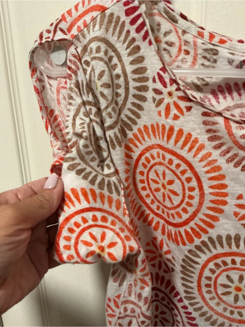 LOFT Linen Blend Medallion Print Puff Sleeve Top Large Boho